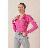 By Saygı Double-breasted Collar Blouse with Pleats and Snap Snap Off the Shoulder Pink Cene