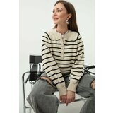 Lafaba Women's Ecru Buttonhole Turtleneck Striped Knitwear Sweater Cene