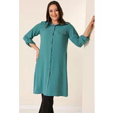By Saygı Front Buttoned Three Quarter Sleeve Pearl Detailed Plus Size Ayrobin Long Tunic