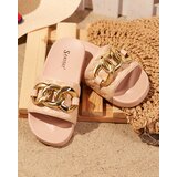 Resti Royalfashion Beige women's quilted flip-flops with gold chain Eteris | shoptok.hr