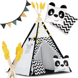 Children's Teepee Tent with Garland and Lights - White and Black Panda Design, (21740644)