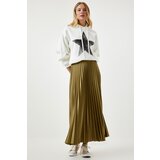  Women's Dark Oil Green Shiny Finish Pleated Knitted Skirt Cene