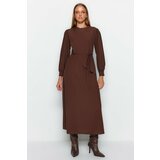 Trendyol Brown Belted Front Split Cotton Woven Dress Cene