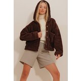 Trend Alaçatı Stili Women's Bitter Brown Hooded Plush Coat with Double Pockets Cene