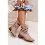 Boto Zazoo 3404 Perforated Cowboy Ankle Boots With Low Heel Leather Dark Beige | shoptok.hr