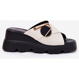 ARTIKER Elegant Ladies Leather Slippers On Wedge With Decoration Beige | Shoptok.si