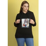 Şans Women's Plus Size Black Hooded Sweatshirt with Letters on the Front Cene