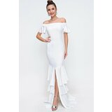 By Saygı Women's Madonna Collar Evening Dress with Tiered Ecru Skirt and a Slit in the Front. Cene