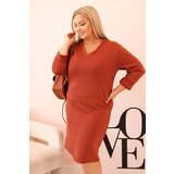 Kesi Włoski Plus Size women's dress with a V-neck and sleeves in butter color, red Cene