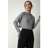 Happiness İstanbul Women's Gray Crew Neck Crop Knitwear Sweater Cene