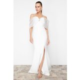 Trendyol White Stone Printed Woven Long Evening Dress cene