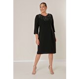 By Saygı Capri Sleeves Plus Size Dress with Stones Print on the Front Cene