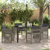 vidaXL Set od 5 dijelova blagovaonskog namještaja s jastučićima Siva Poli Ratan, Vrtni stol Crn 140x80x73 cm Staklo sa temperiranim staklom | shoptok.hr