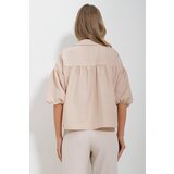 Trend Alaçatı Stili Women's Beige Balloon Sleeve Robe Gathered Kubra Cotton Crop Shirt | Shoptok.si