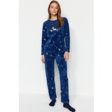 Trendyol Navy Blue Winter Patterned Fleece Tshirt-Pants Knitted Pajamas Set Cene