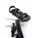 Marjin Women's Genuine Leather Accessoried Eva Sole With Crossed Threads Detail Daily Sandals Rivade Black.