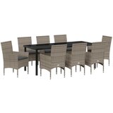 vidaXL 9-delna vrtna jedilna garnitura z blazinami siva poli ratan, vrtna miza črna 200x80x73 cm kaljeno steklo Cene