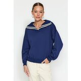 Trendyol Navy Blue Oversize/Wide Fit Sweater Collar Detailed Diagonal Knitted Sweatshirt cene
