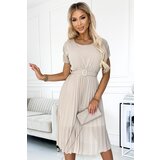 numoco basic 465-2 MIA Plisowana sukienka midi z szerokim paskiem - BEŻOWA | shoptok.hr