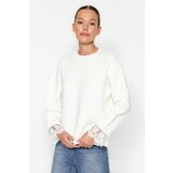 Trendyol Ecru Lace Detail Thicker Fleece Inside Oversized/Wide Knitted Sweatshirt Cene