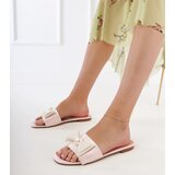 Gemre Perlino Beige Satin Slides with Pearl Bow | Shoptok.si