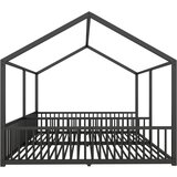 Lumor Postelja v obliki hiše iz železa 2x90x200 cm - S streho in lesenimi letvicami - Črna, (22156221) u