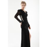 Lafaba Women's Black Double Breasted Neck Sequined Long Stone Evening Dress Cene