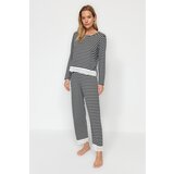 Trendyol Anthracite Stripe with Lace Detailed Tshirt-Pants, Knitted Pajamas Set | Shoptok.si