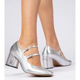 D/CEO marka niezdefiniowana Silver women's pumps on a block heel with buckles Meloni | Shoptok.si