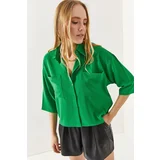 Olalook Women's Grass Green Two Pockets Crop Aerial Shirt