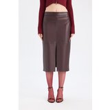 Defacto High Waist Combed Cotton Lined Slit Midi Faux Leather Burgundy Pencil Skirt | ePonuda.com