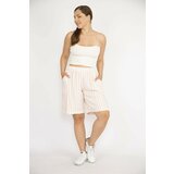 Şans Women's Pink Plus Size Striped Linen Woven Fabric Shorts with Elastic Waist Pockets Cene