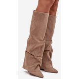 Boto Insulated Women's Boots With Turned Collar On Heel Eco Suede Beige Elivira | shoptok.hr