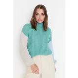 Trendyol Light Green Stand Up Collar Color Block Knitwear Sweater