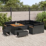 vidaXL 12-delni set vrtnih sofer z blazinami črn poli ratan akacija | Shoptok.si
