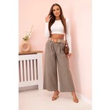 Kesi Włoski Women's linen trousers with wide legs and a belt fango | Shoptok.si
