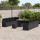 vidaXL 11-delni vrtni sofa set z blazinami Črn Poli ratan akacija, 2-sedežni vrtni sofa z shrambo in blazinami Črn Poli ratan, 3-delni vrtni jedilni set z blazinami Črn Poli ratan akacija | Shoptok.si