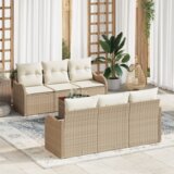 vidaXL 7-delni vrtni kavč set z blazinami Bež Poly Ratan Akacija | Shoptok.si