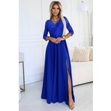 Numoco 309-12 AMBER Elegant Long Lace Dress with Neckline - Color BLUE | Shoptok.si