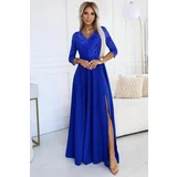 Numoco 309-12 AMBER Elegant Long Lace Dress with Neckline - Color BLUE