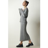 Happiness İstanbul Women's Gray Ribbed Sweater Skirt Knitwear Suit Cene