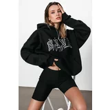 Madmext Mad Girls Black Embroidered Hooded Sweatshirt Mg812