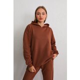 BİKELİFE Women's Brown Oversize Raised Three Thread Hooded Sweatshirt Cene