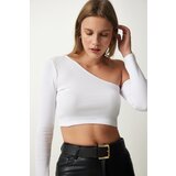 Happiness İstanbul Women's White Single Sleeve Ribbed Crop Knitted Blouse Cene