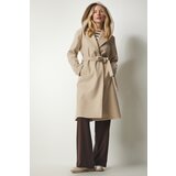 Happiness İstanbul Women's Beige Hooded Belted Stamped Coat Cene
