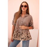 Kesi Włoski Women's cotton shirt with rolled-up sleeves and an animal pattern in fango | shoptok.hr