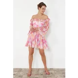 Trendyol Multicolored A-Line Lined Flounce Woven Chiffon Short Elegant Evening Dress