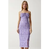 Happiness İstanbul Women's Vibrant Lilac Floral Slit Summer Knitted Dress