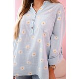 Kesi Włoski Linen Women's Blouse with Floral Pattern, Long Sleeves, and Buttons Blue | shoptok.hr