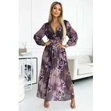 NUMOCO 520-1 Pleated chiffon long dress with a neckline, long sleeves and a wide belt - PURPLE LARGE FLOWERS